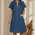 thumbnail image 2 of New V Neck Pleated Pocket Short Sleeved Denim Dress For Women Casual Dress, 2 of 4