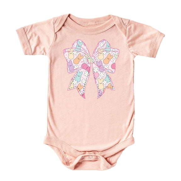 Pastel Easter Bow Bodysuit for Baby Girls Spring Holiday Flowers and Bunnies Toddler One-Piece Peach Bodysuit 6 Months