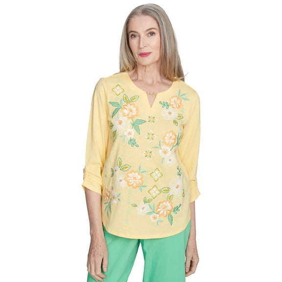 Alfred Dunner Womens Sunny Floral Embroidered Split Neck Top