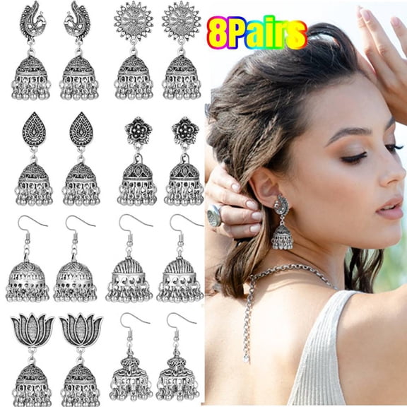 8 Pairs Jhumka Indian Earrings Metal Bohemian Chandelier Dangle Earring for Women Party Wear Jewelry Gift Xmas