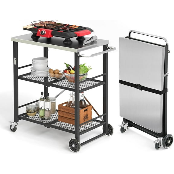 Dycanpo Foldable Outdoor Grill Cart, Movable 3 Tiers Grill Table,Stainless Steel, 33.8'',Black