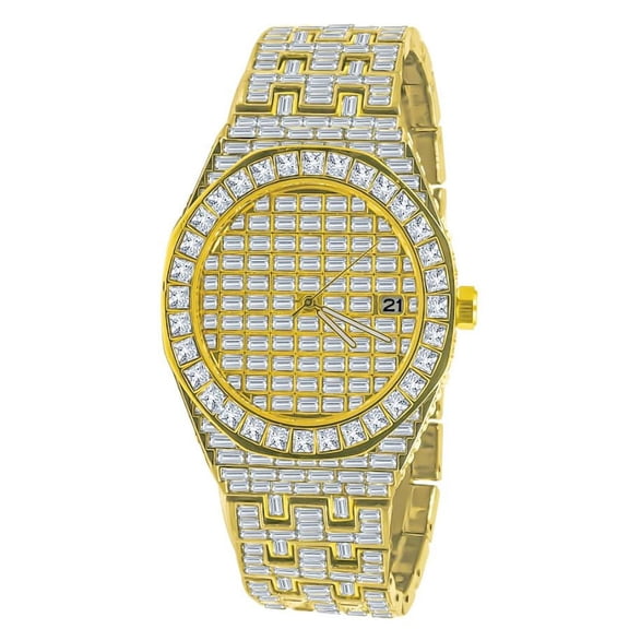 Baguette Fully Iced 18K Yellow Gold W/White CZ Finish Simulated Diamond 5 ATM Water Resistant Solid Stainless Steel Back Mens Watch W/Date Function 42mm