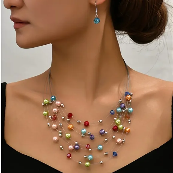 1pc Vibrant Multilayer Pearl Crystal Beads Necklace - Bohemian Chic, Imitation Pearl Accents, Adjustable Clasp, Perfect Holiday Gift for Women, Ideal for Formal Occasions and Everyday Wear