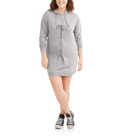 Juniors' Plus Long Sleeve Corset Lace Up Sweatshirt Dress