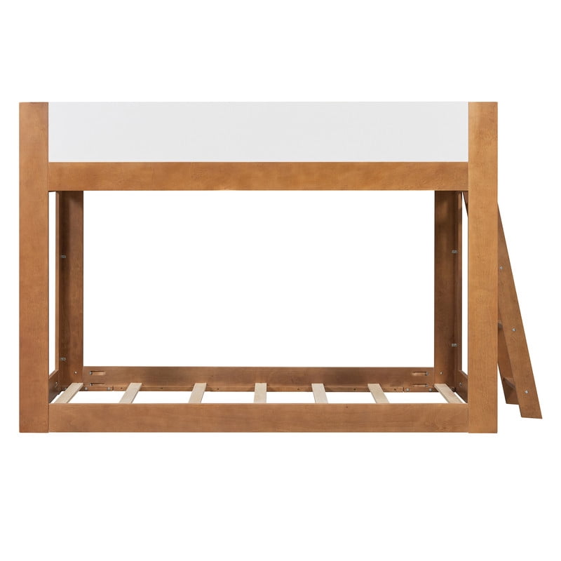 Twin-Over-Twin Low-Profile Bunk Bed with Guardrails, Wooden Kids Bed with Reversible Ladder, Accent Two-Tone Bed Frame