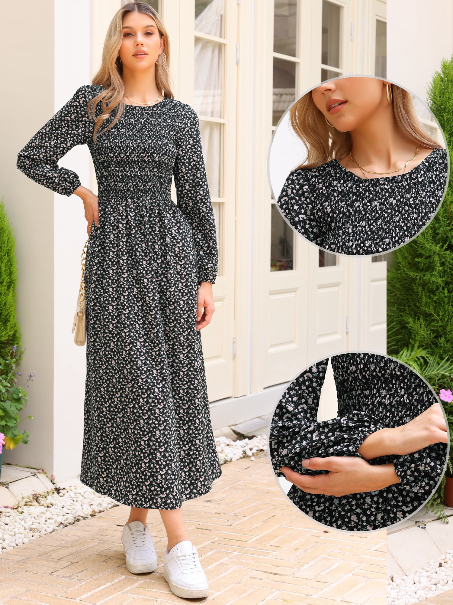 DARING DIVA Floral Smocked Long Puff Sleeve A-Line Boho Maxi Dress L Black