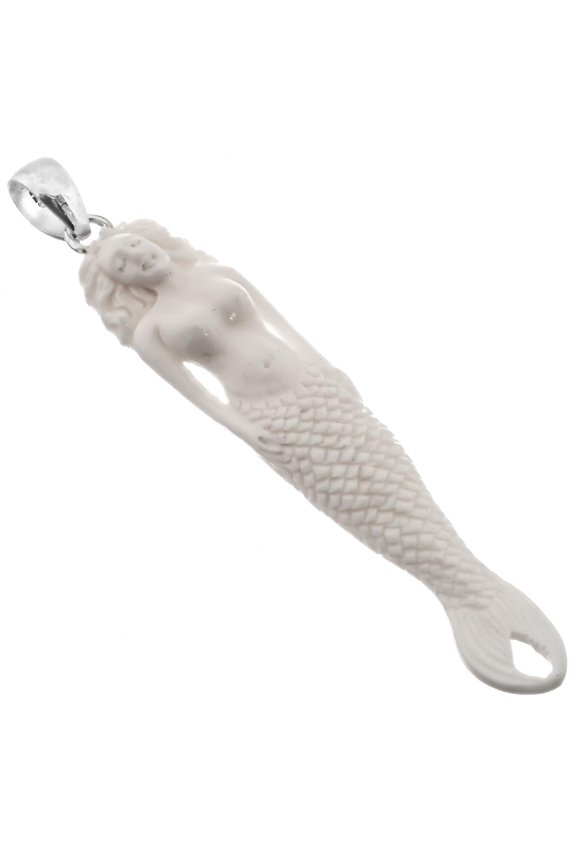 925 Silver Siren Mermaid Nereid Water Nymph Bison Bone Sterling Pendant, 3"