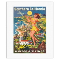 Southern California - United Air Lines - Vintage Airline Travel Poster by Joseph Fehér c.1950 - Fine Art Rolled Canvas Print 16in x 20in