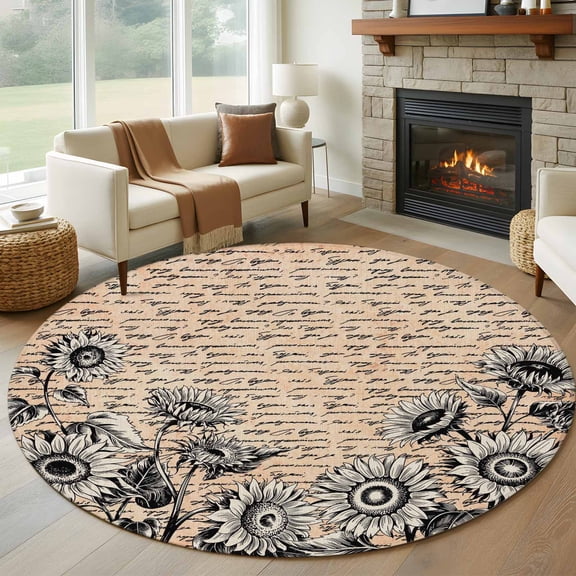 Round Area Rug 5 Ft, Vintage Sunflower Washable Non-Slip Circle Carpet for Living Room/Bedroom, Farmhouse Country Floral Plant Low-Profile Runner Mats Collection Rugs for Indoor