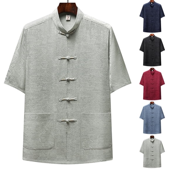 YanHoo Men's Vintage Kung Fu Shirts Short Sleeve Button Down Shirt Loose Fit Solid Color Tops Casual Comfy Going Out Tee