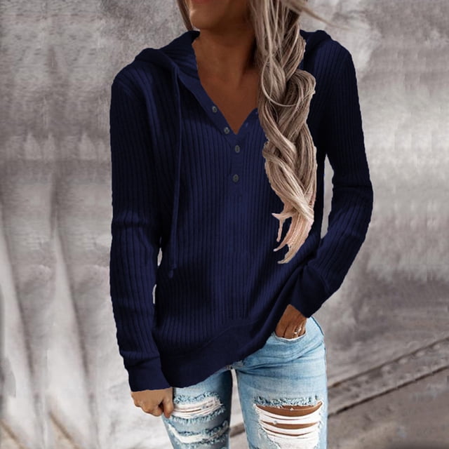 Casual Round Neck Long Sleeve Solid Color Sweatshirt Ladies Casual Solid Color V-neck Button Drawstring Hooded Loose Long Sleeves Navy M