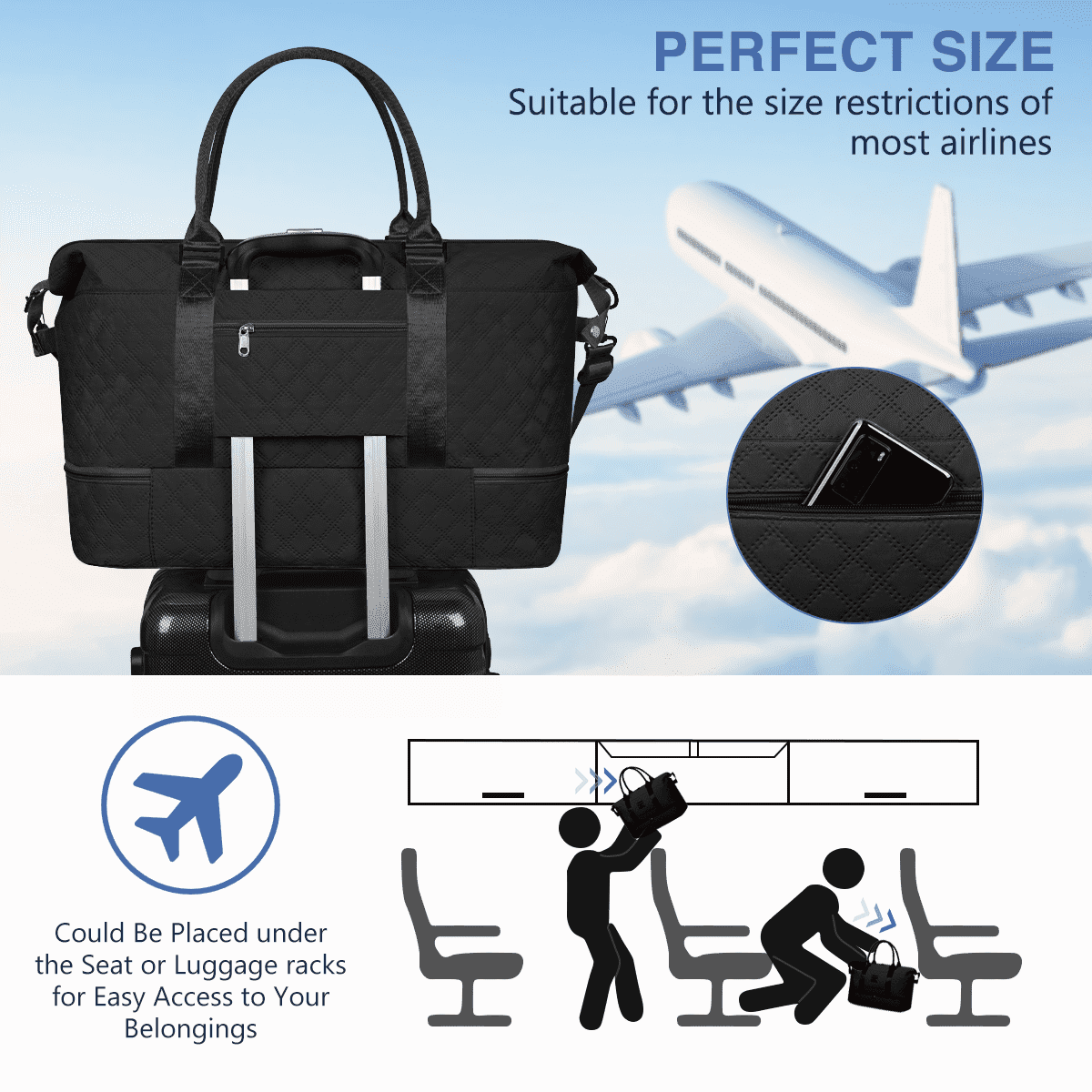 Weekender Bags for Women, Travel Duffel Bags with Shoe Compartment, Personal Item Travel Bag Weekender Overnight Bag Set Hospital Bags with Wet Pocket and Toiletry Bag for Labor and Delivery - Black