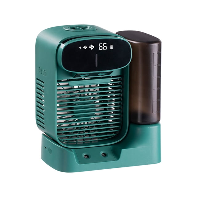 enfriador de aire humidificación refrigeración por pulverización refrigeración de escritorio usb pequeño ventilador mini agua wmkox8yii fsasfjb535 Mini enfriador portátil verde, vista frontal 3/4 con tanque de agua lateral translúcido; carcasa rectangular con rejilla frontal y aspas visibles, panel LED superior que indica velocidad, base con dos botones y puerto USB, ángulo ajustable y tanque extraíble; ideal para uso en escritorio y suele usarse como humidificador personal.