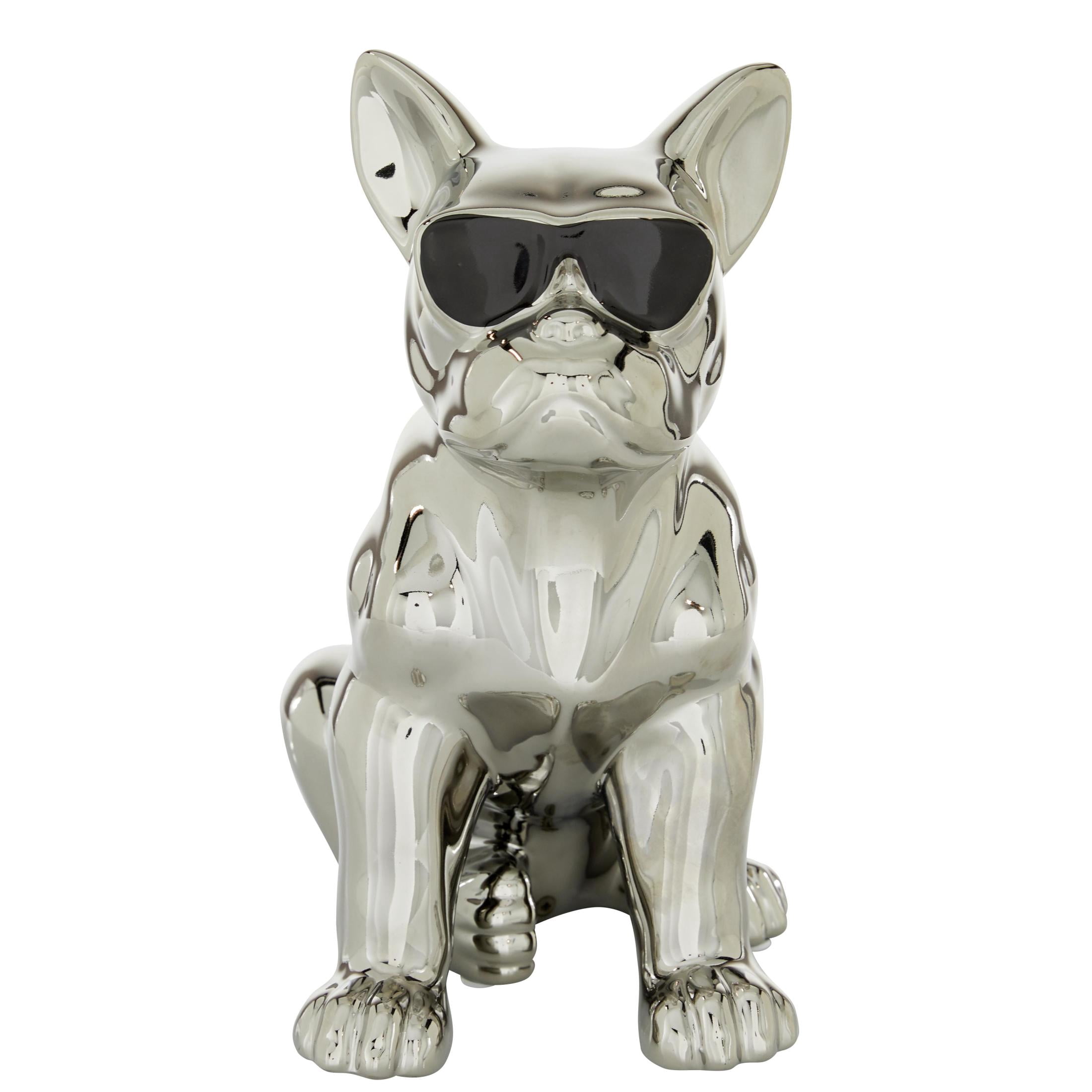 6" x 12" Silver Ceramic Bulldog Sculpture with Sunglasses, by CosmoLiving by Cosmopolitan