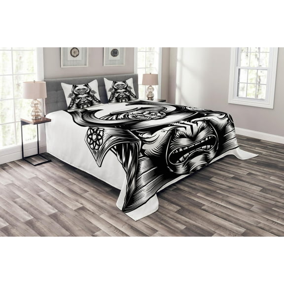 Ambesonne Japanese Quilted Bedspread Set 3 Pcs, Samurai Martial, Queen Size, Black White