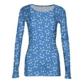 thumbnail image 5 of Women's Crew Neck Long Sleeve T-Shirt Ribbed Knit Slim Fit Floral Print Fall Winter Casual Layering Fitted Top 03-Blue M, 5 of 5