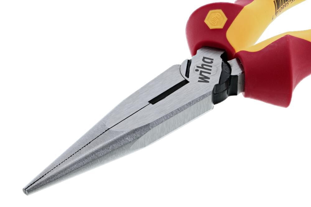 Wiha Tools Insul. Industrial Long Nose Pliers w/ Cutter 8" OAL. Industrial brushed finish. Two component ergo cushion grips.