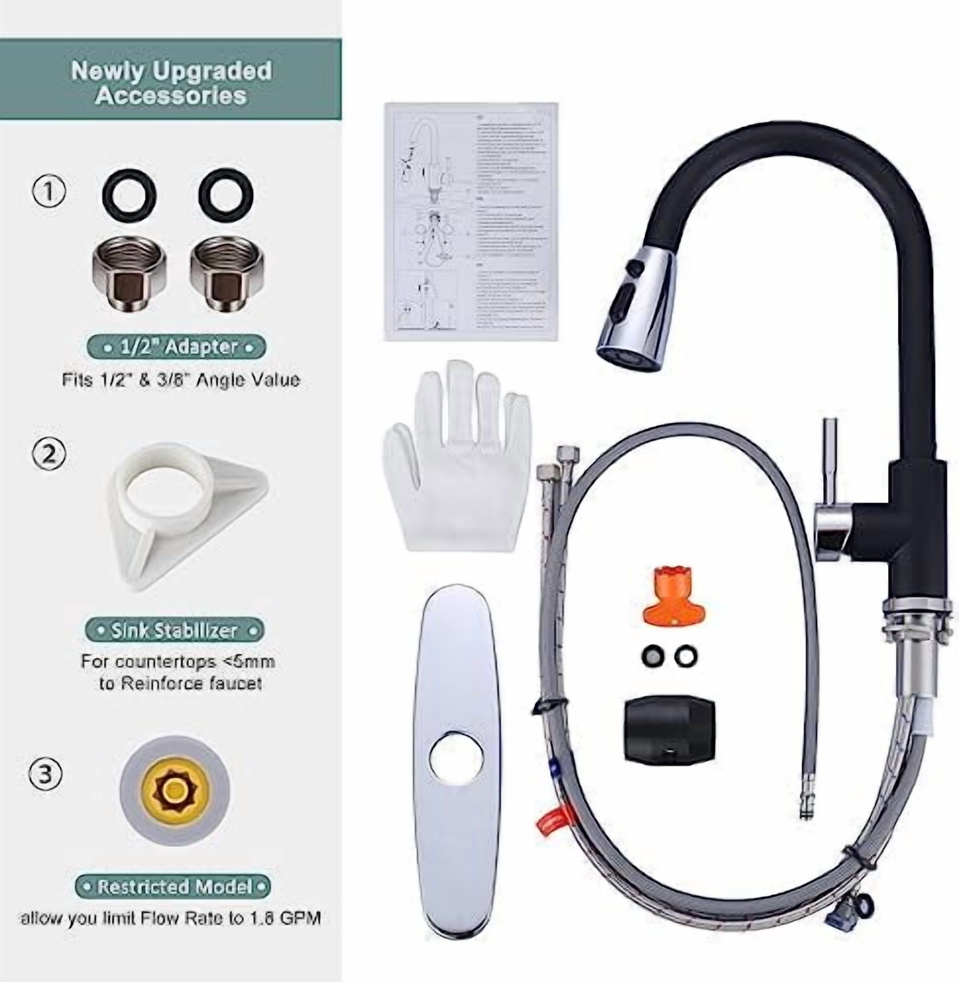 Black and Chrome Kitchen Faucet with Sprayer,  Stainless Steel Kitchen Sink Faucet High Arc Utility Sink Faucet 1 or 3 Hole, Kitchen Tap for RV, Laundry, Bar