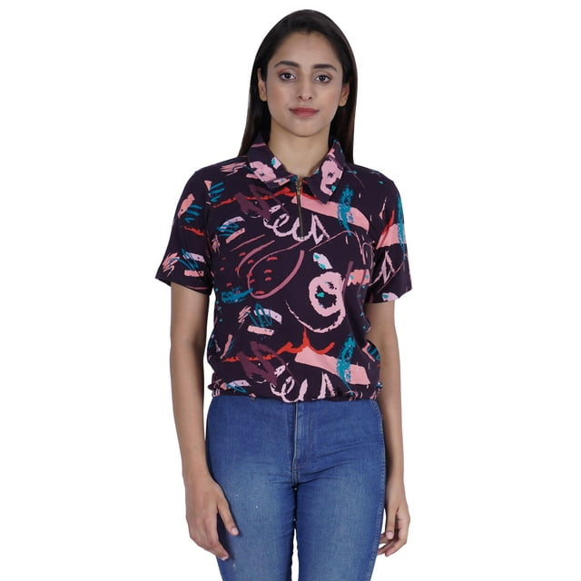Moomaya Haut Court Imprimé pour Femmes Été Décontracté Col Zippé Tee T-Shirts
