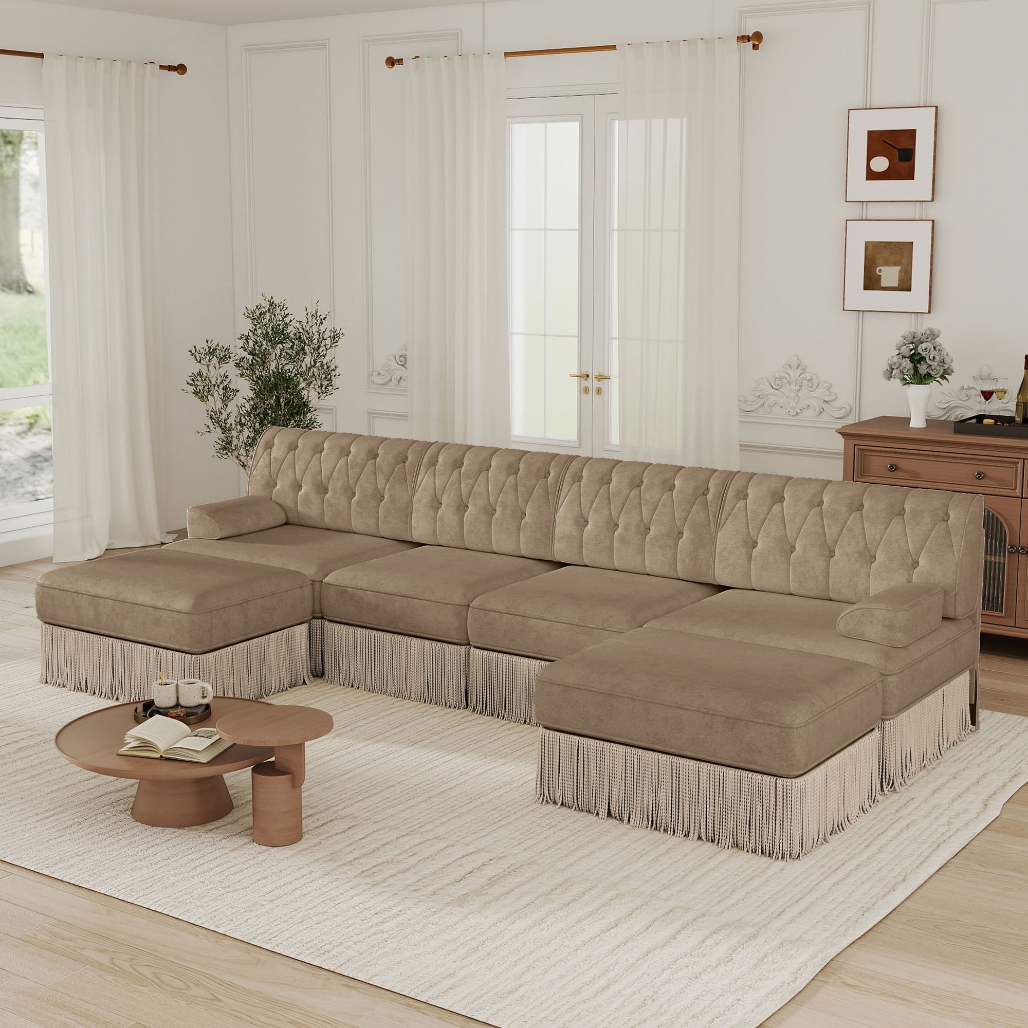 MAYEERTY Cloud Chesterfield Sectional Sofa, 4-Seater Modular Couch with Tassel & 2 Ottomans, Solid Wood Base for Living Room Bedroom