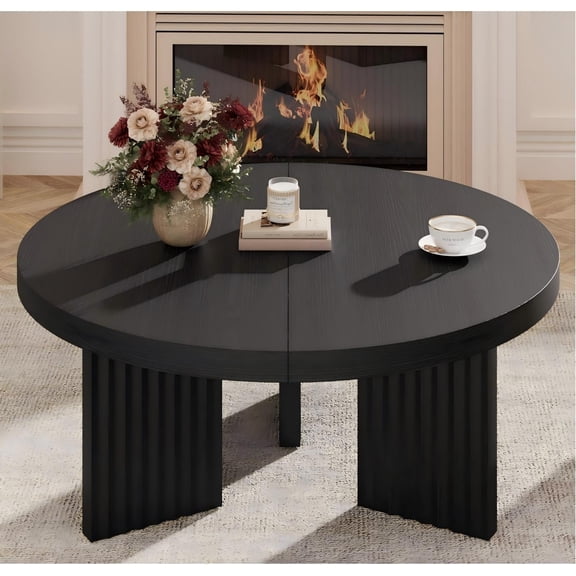 33.5 Round Coffee Table Black with Fluted Base, 1.3 Thick Top, Center Table