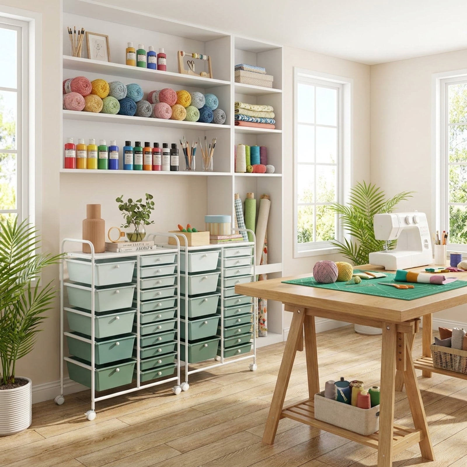 Furnibear 15-Drawer Utility Rolling Cart with Drawers Multi-Use Storage Organizer for Home Office Craft Room Classroom, Lime Green