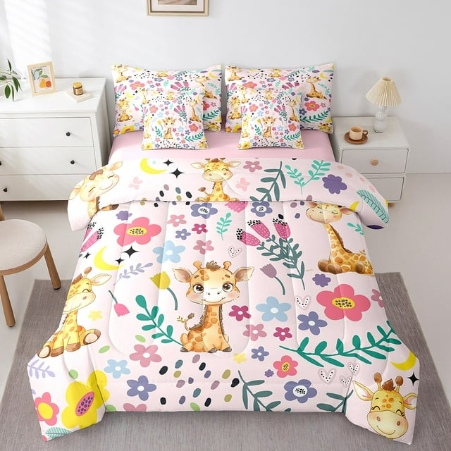 YST Ensemble de Literie 7 Pcs pour Lit Simple, Ensemble de Couette Motif Floral Girafe, Design Réversible d'Animaux Mignons, Couette en Microfibre Douce avec Ensemble de Draps, Toutes Saisons (Rose, Simple)