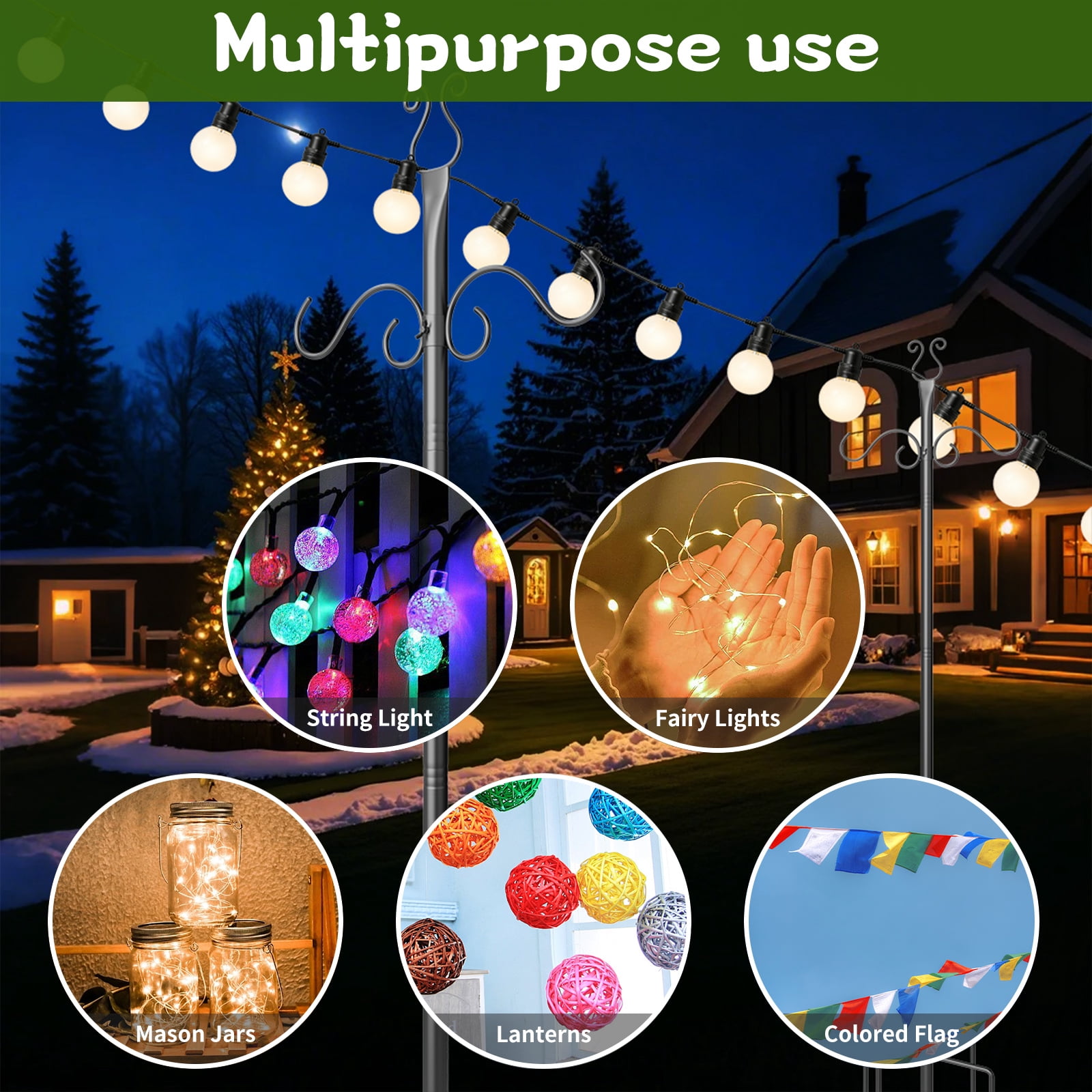 2-Pack 10-Foot Outdoor String Light Poles - Heavy-Duty Metal Patio Light Posts with Shepherd's Hooks for Hanging Lights, Plants & Bird Feeders
