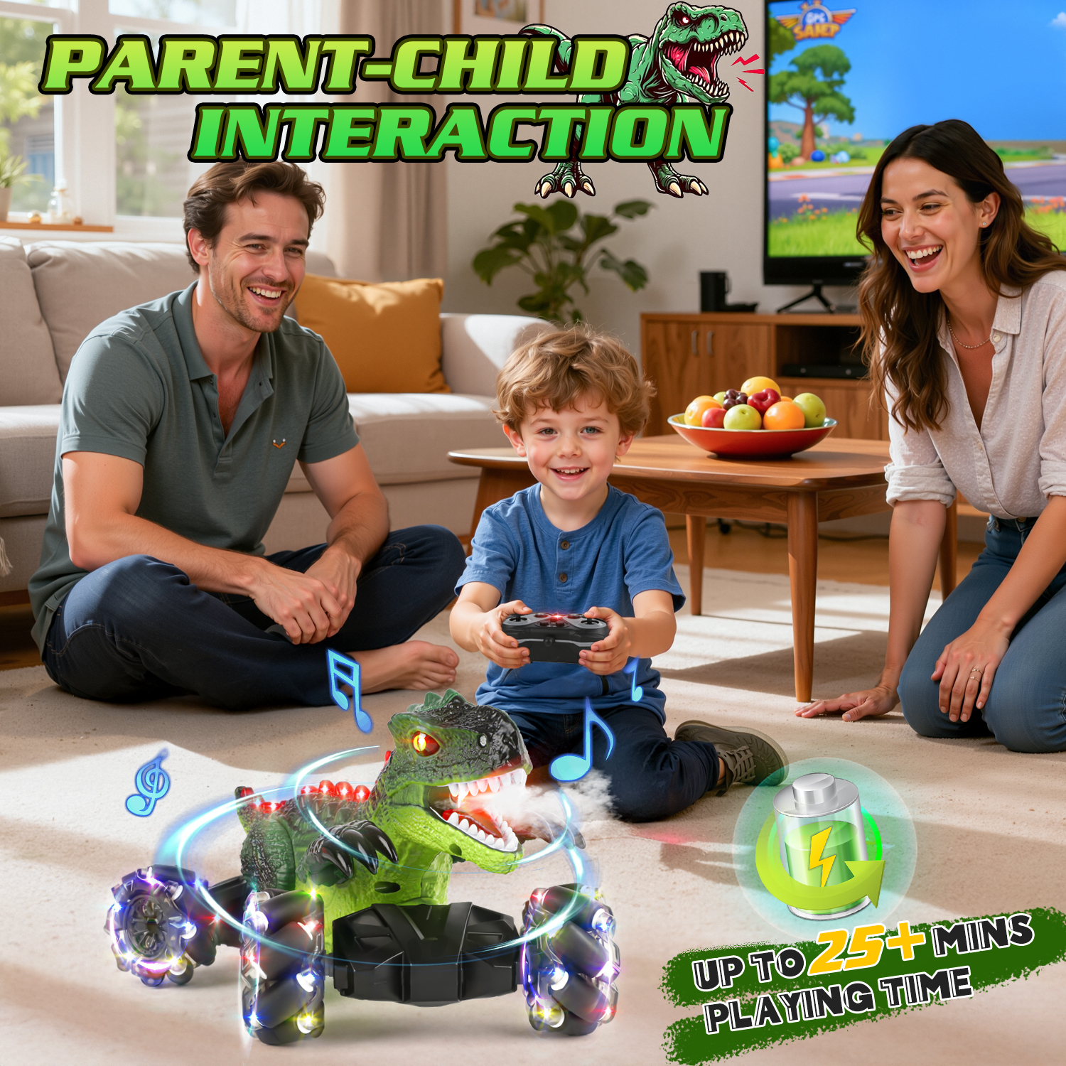 UUSUOO Dinosaur Remote Control Car, 4WD Rechargeable RC Stunt Car with Spray, LED Lights, Music, 360° Rotation, 2.4GHz Remote Control Dinosaur Monster Truck Gift