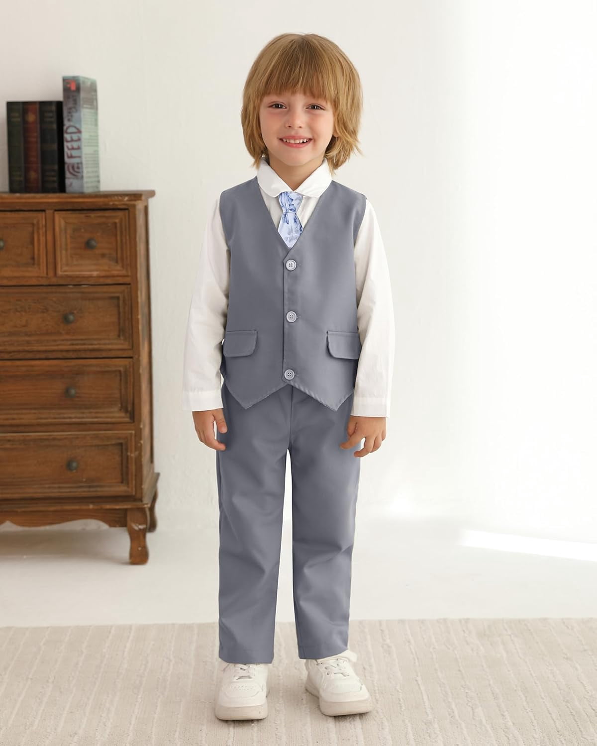 SANMIO Toddler Boy Suit Baby Boy Church Clothes Formal Dress Baptism Outfit Sets Shirt+Tie+Vest+Pants Kids Tuxedo 1-5T Boys Wedding Clothes