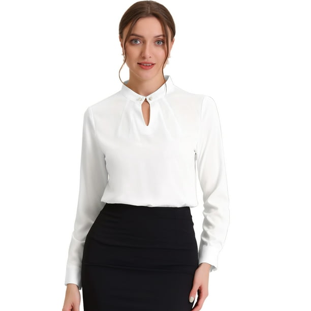 Blusa de trabajo elegante con decoración de perlas y cuello falso plisado para mujer blanco XS