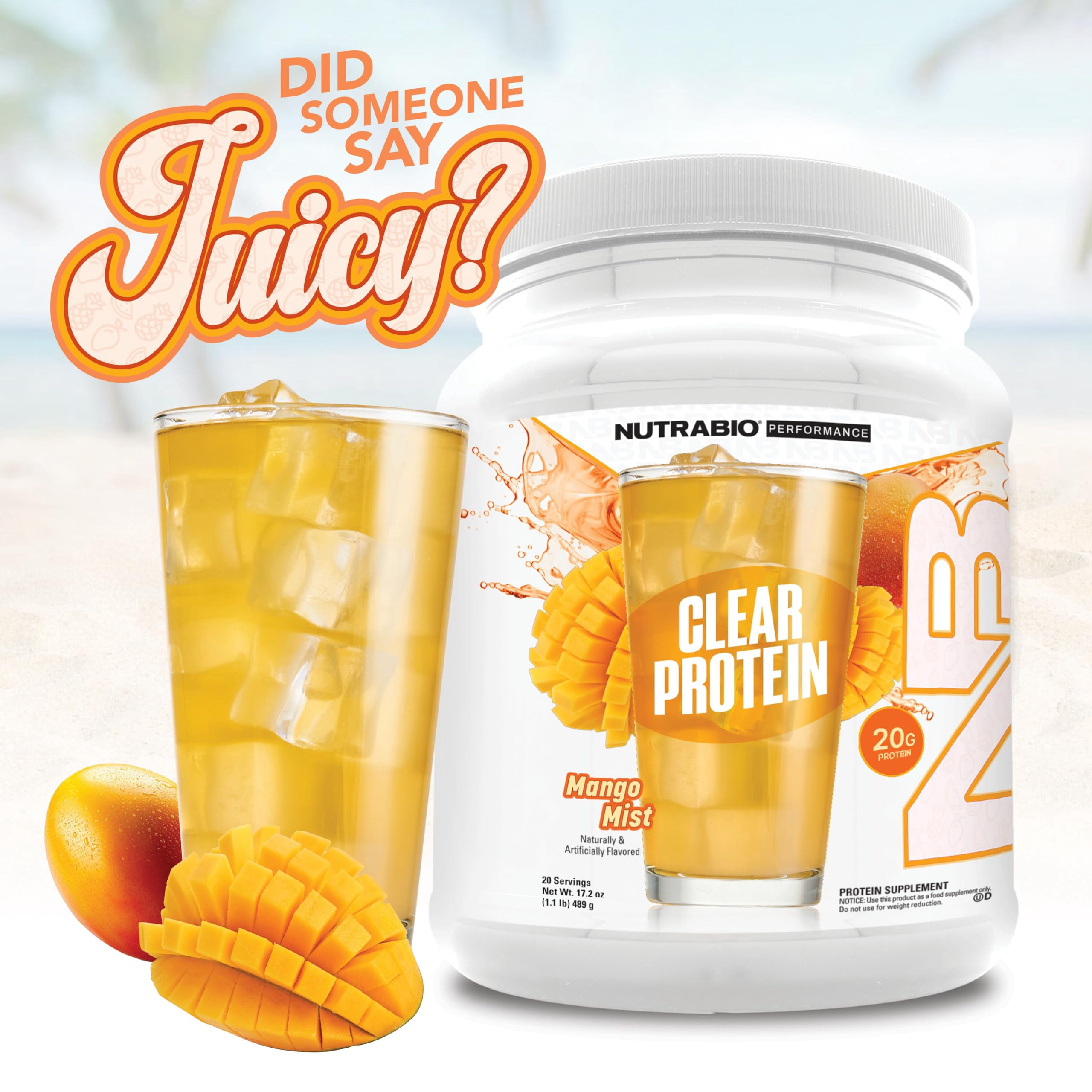 NutraBio Clear Whey Isolate Protein Powder, Delicious & Refreshing Fruit Flavors, Protein Juice, No Milky Taste, No Foam, Zero Sugar, Mango Mist, 20 Servings