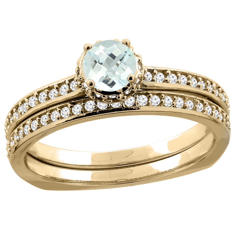 10K Yellow Gold Diamond Natural Aquamarine 2-pc Bridal Ring Set Round 4mm, sizes 5 10 by WorldJewels