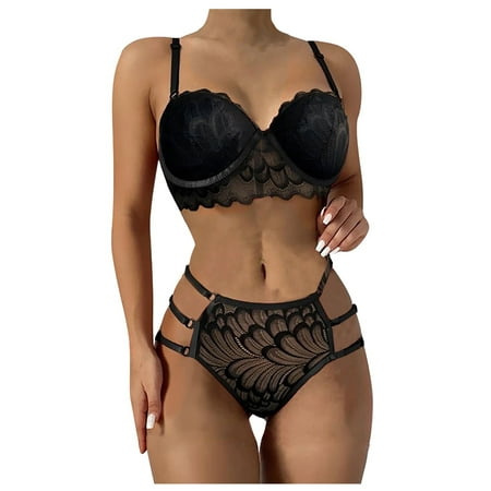 

EHTMSAK Strappy Babydoll Bra and Panty Sets for Women High Waisted Teddy Lingerie Lace Sexy Lingerie Set Black M