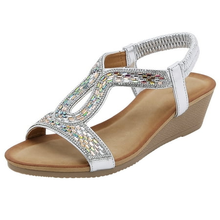 

Ediodpoh Women Summer Elastic Band Rhinestones Casual Open Toe Wedges Soft Bottom Breathable Shoes Sandals Sandals Women Silver 8(40)