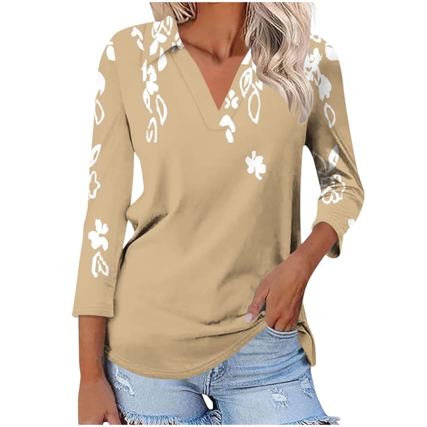 Camiseta de Solapa de Cuello en V de la Manga Superior de 3/4 de las Mujeres, Uso Diario Cómodo Casual
