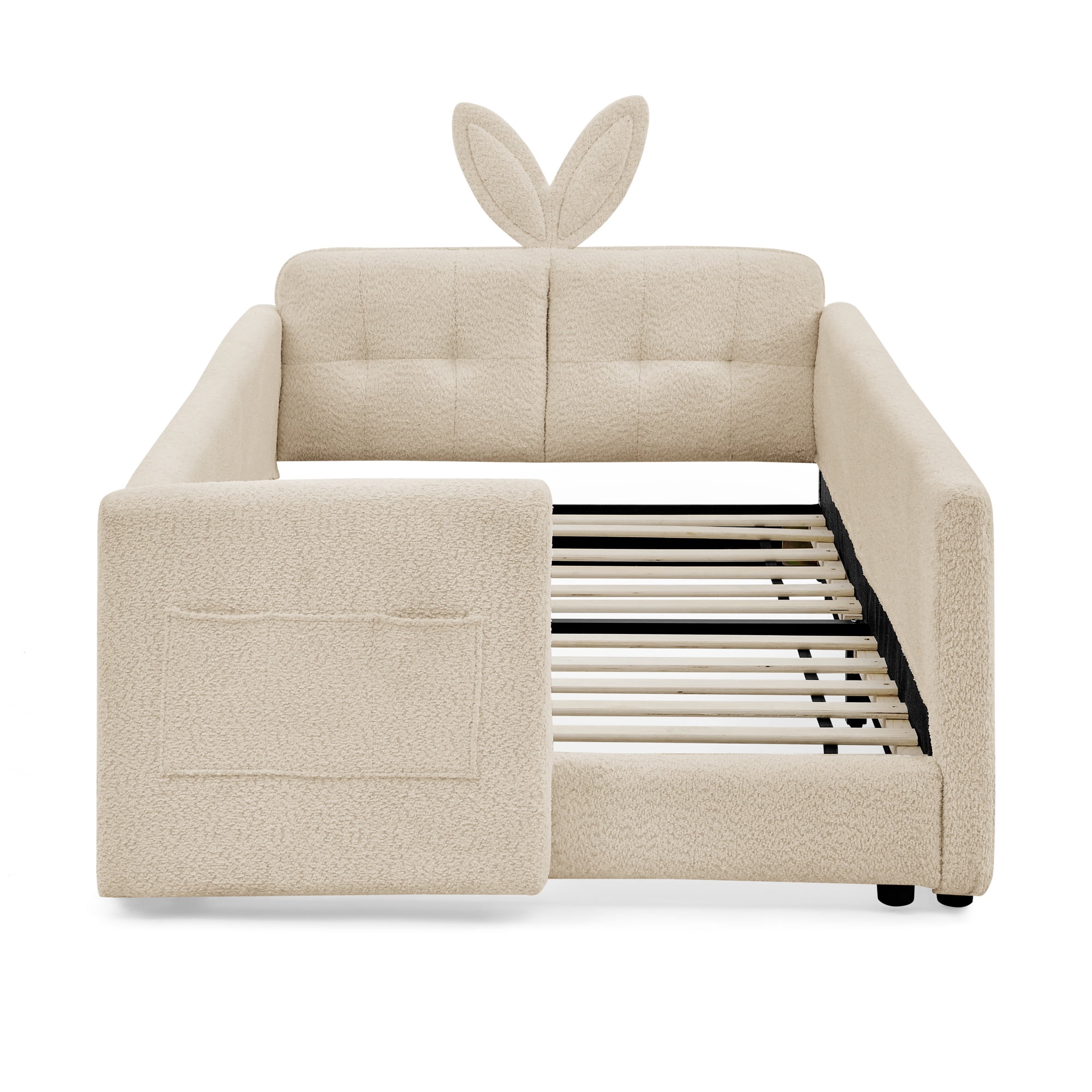 PORKISS Twin Bed Frames for Kids, Boucle Upholstered Platform Bed Frame with Safety Rails, Cute Bunny Ear Cartoon Bed with Storage Pocket, Camel