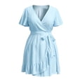 thumbnail image 7 of VBVC Women's Plus Wrap V Neck Flutter Sleeve Mini Dress , Ladies' Waist Tie Ruffle Hem Casual Dress , Summer Beach Party Flowy Sundress For Women,Sky Blue,S-5XL, 7 of 7