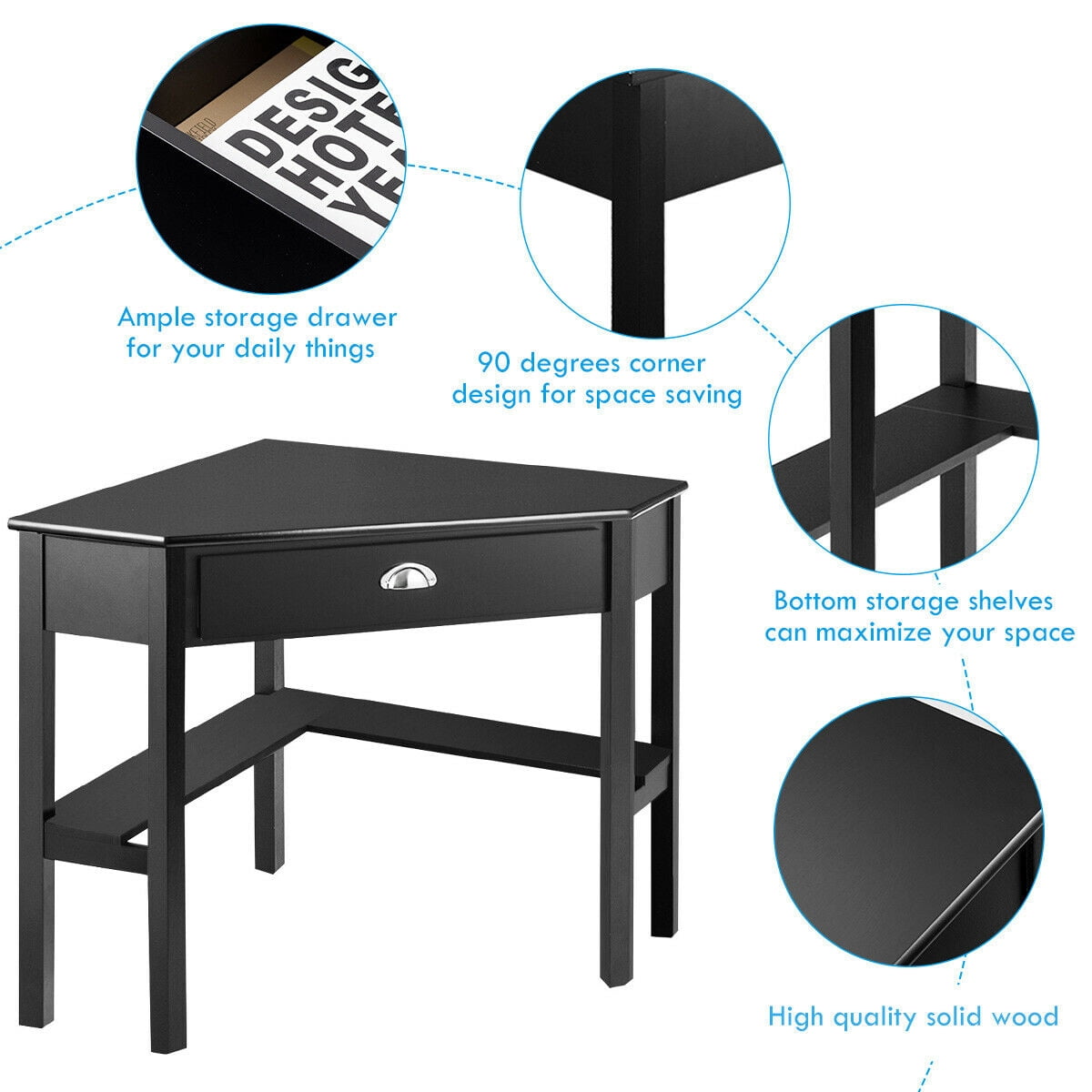 Costway Triangle Computer Desk Corner Office Desk Laptop Table w/ Drawer Shelves Rustic Black
