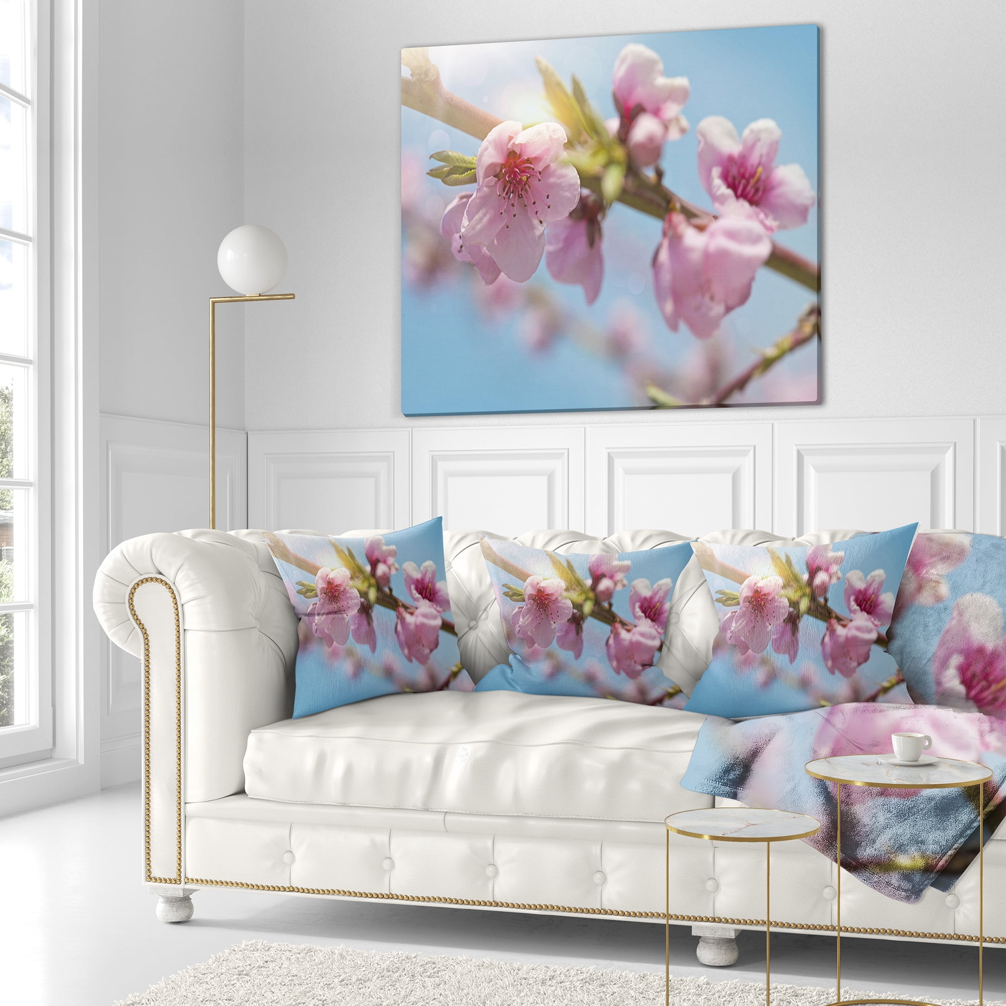 Designart Stem of Peach Blossom Flowers - Floral Throw Pillow - 18x18