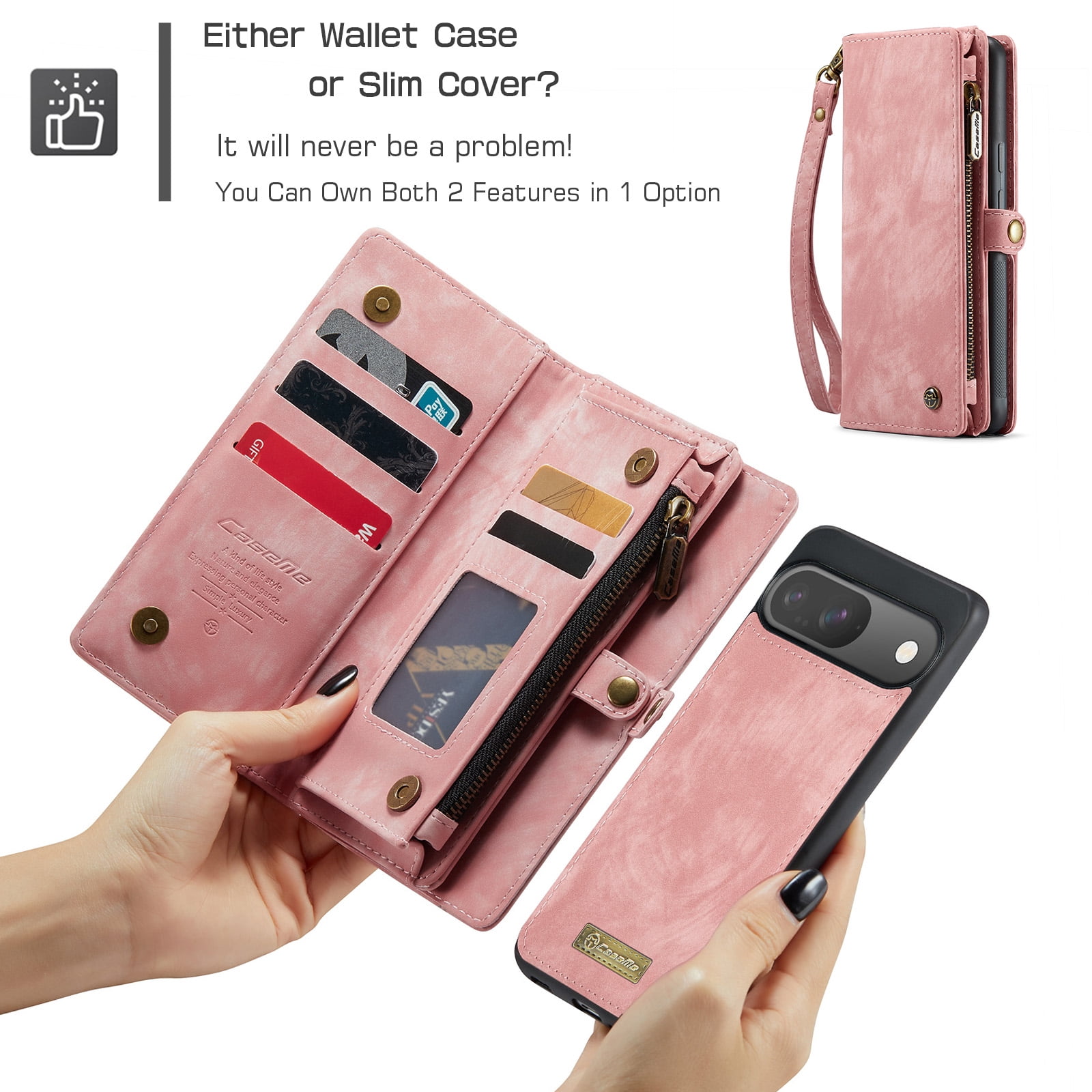 Feishell Durable 2- In-1 Magnetic Detachable Wallet Case for iPhone 16,for Women Men,Premium PU Leather Zipper Pocket Flip Multi Card Slots Purse Phone Case with Wrist Strap,Pink
