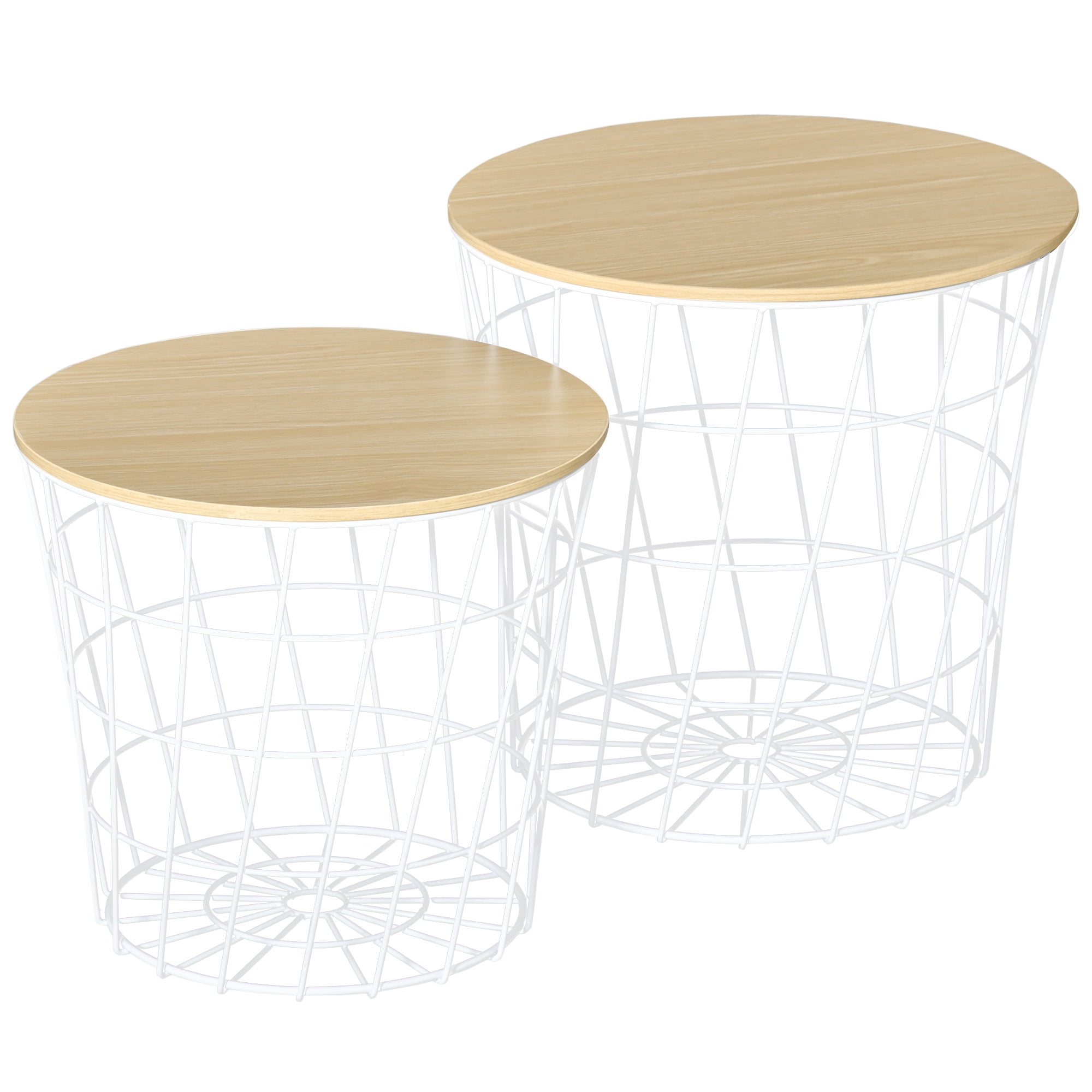 Set of 2 Side Tables with Storage, Nesting Wire Design Stacking Round Accent Coffee