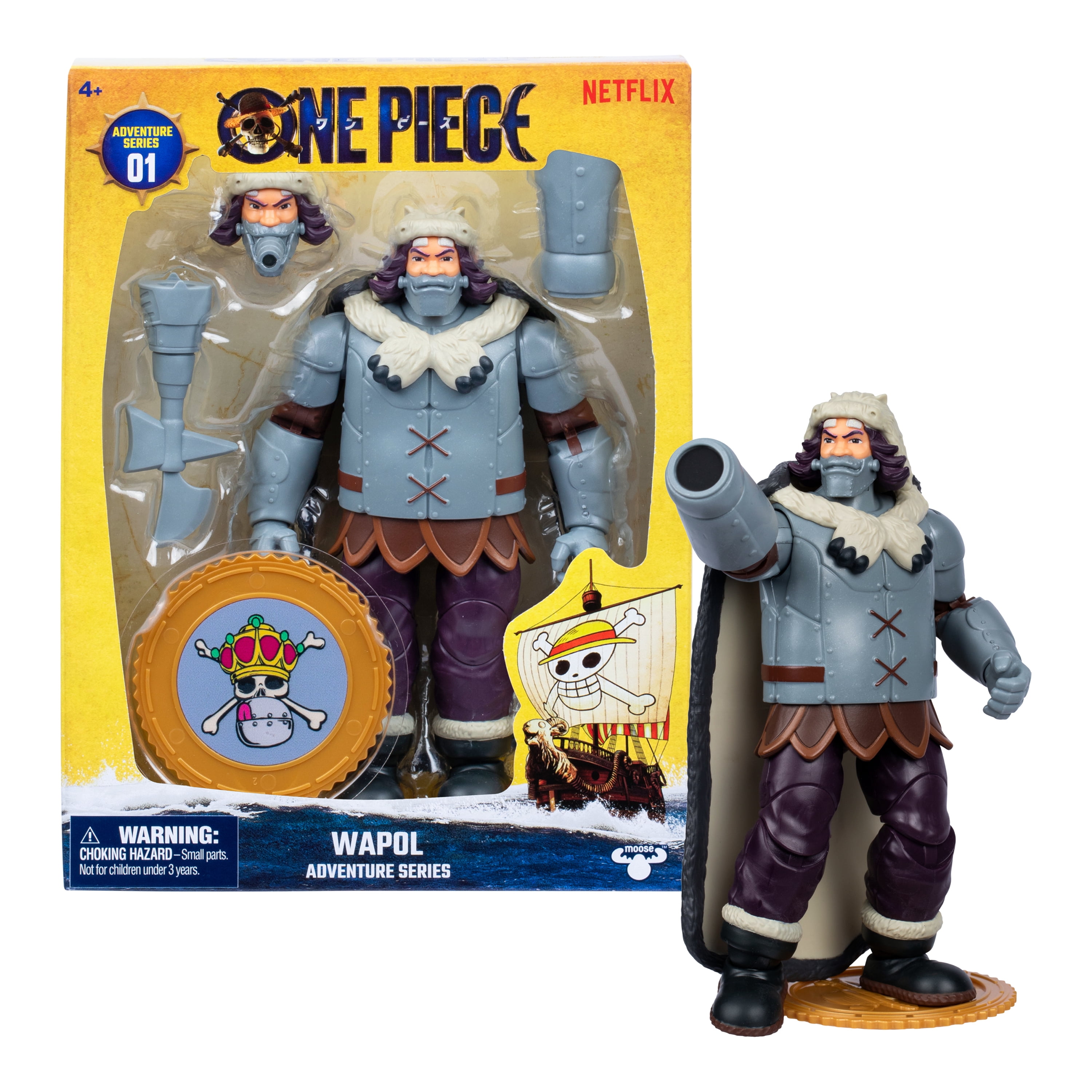 One Piece Wapol, 6.5″ Action Figure with 4 Accessories. Includes Swappable Cannon Head, Detachable Arm Cannon, Cape, and Berry Coin Display Base, Ages 4+