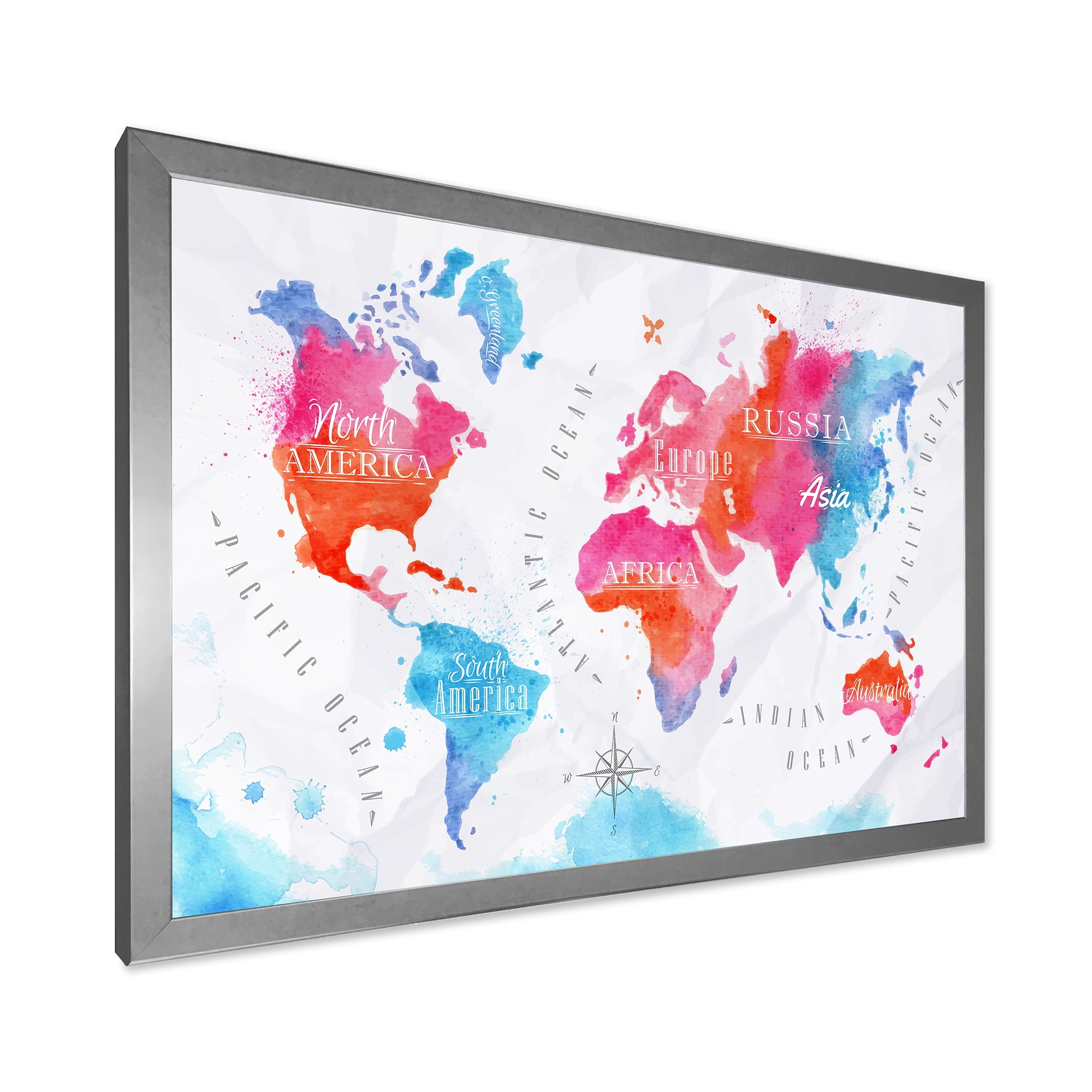 Designart 'World Map In Blue and Pink' Modern Framed Art Print