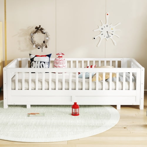 YINGYING  Twin XL Size Platform Bed with Guardrails, Solid Wood Floor Bed Frame, Can Be Converted into Queen Platform Bed