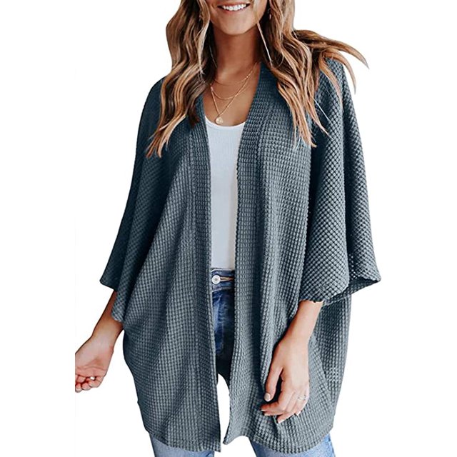 LinYooLi Women's Kimono Open Front Waffle Knit Cardigans Solid Sweater Batwing Sleeve Shawl Collared Soft Slouchy Cloak