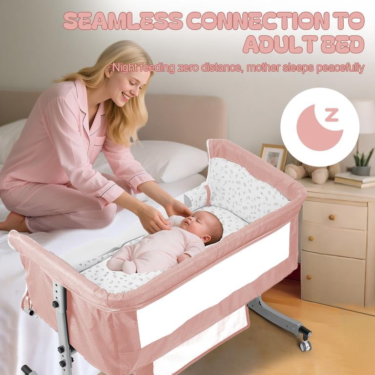Dapmiu 4-in-1 Convertible Baby Crib, Bedside Sleeper with Changing Table, 6-Level Height Adjustable, Rocking Crib, Silent Wheels, Storage Basket, Mosquito Net, for Newborn to 24 Months,Ash Gray