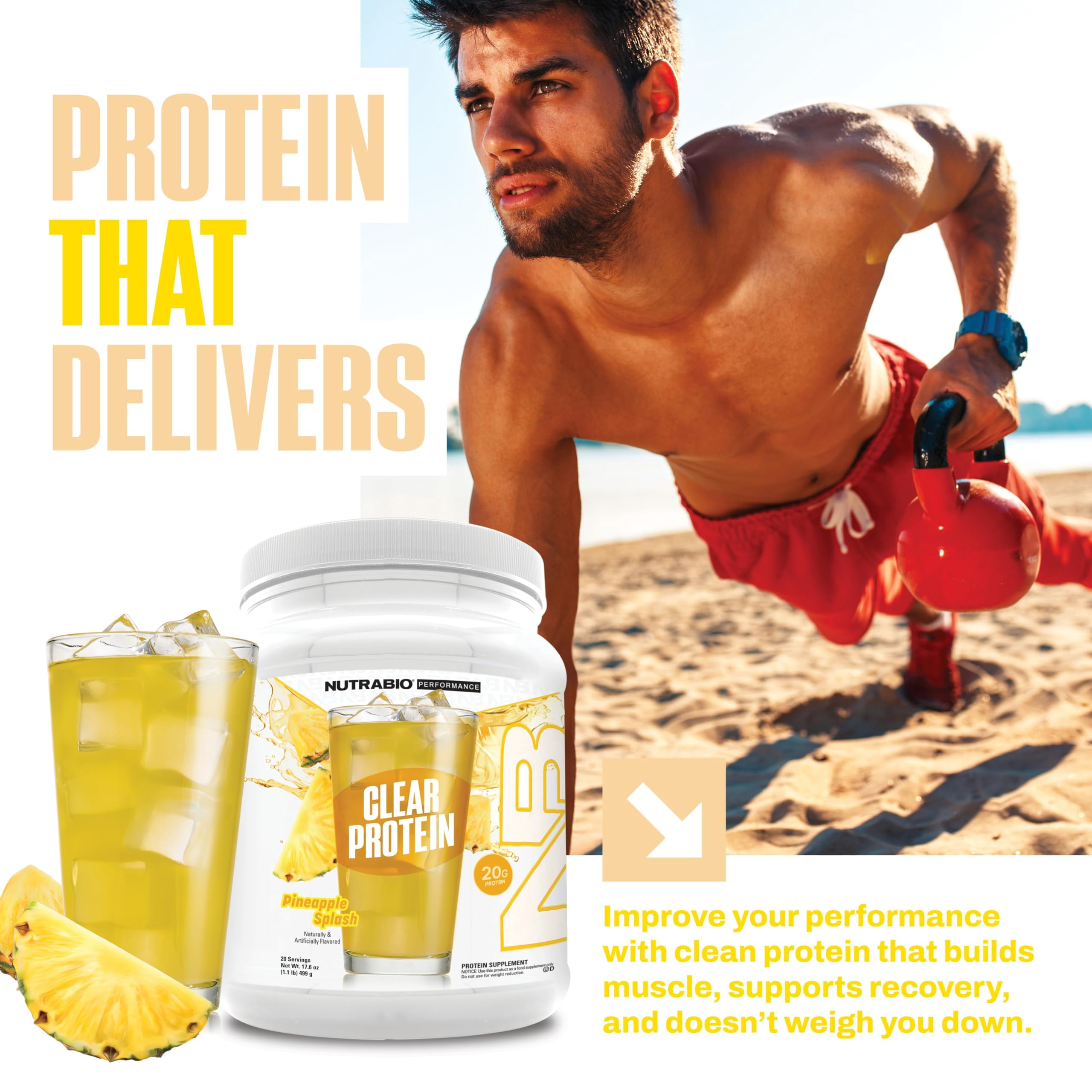 NutraBio Clear Whey Isolate Protein Powder, Pineapple Splash, Zero Sugar, 20 Servings