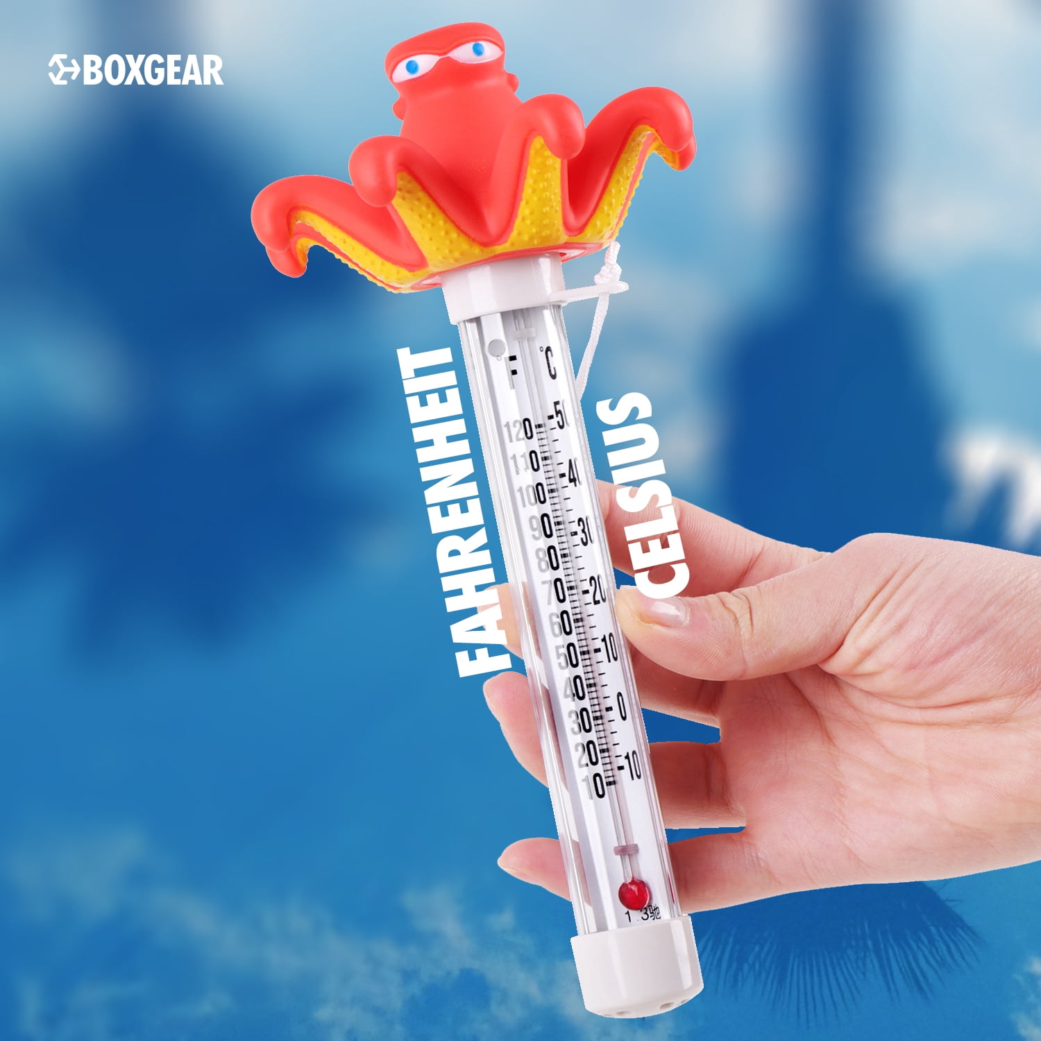 Boxgear Octopus Floating Pool Thermometer - Aquarium Thermometer Water Temperature from -10 to 50°C - Shatter Proof Floater with Tether Outdoor & Indoor Swimming Pools, Ponds