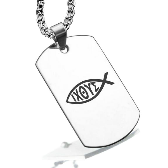 Stainless Steel Religious Ichthus Fish Dog Tag Pendant Necklace